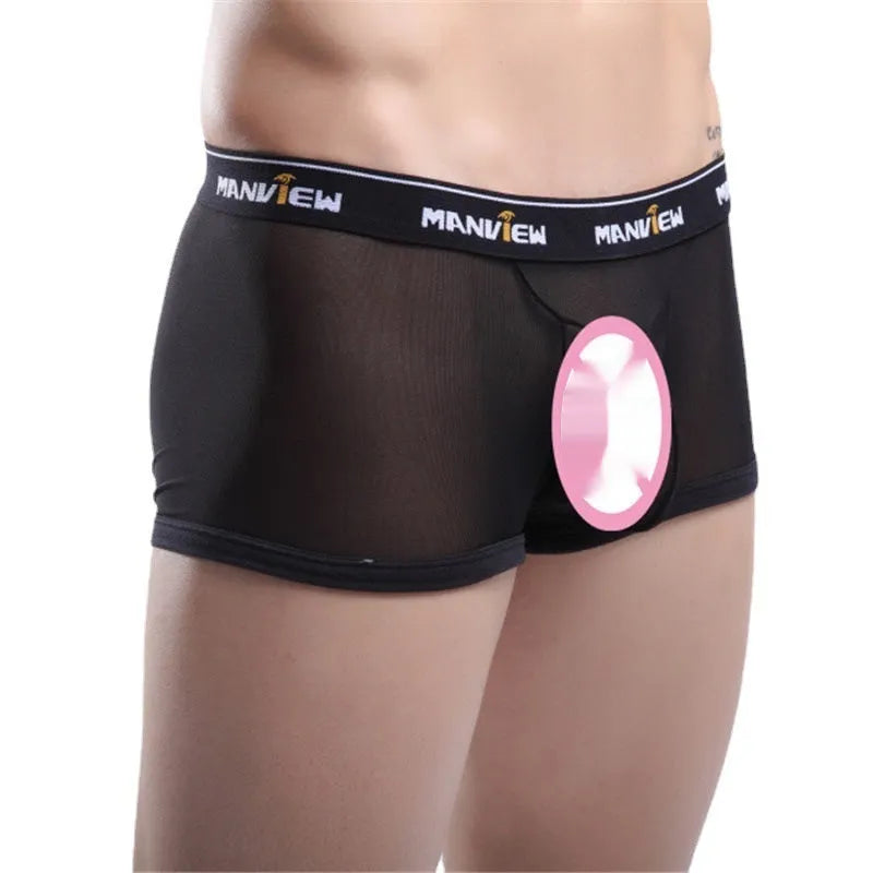 Men's solid colour mesh boxer shorts showing breathable fabric texture in white, yellow, red, black, and blue options