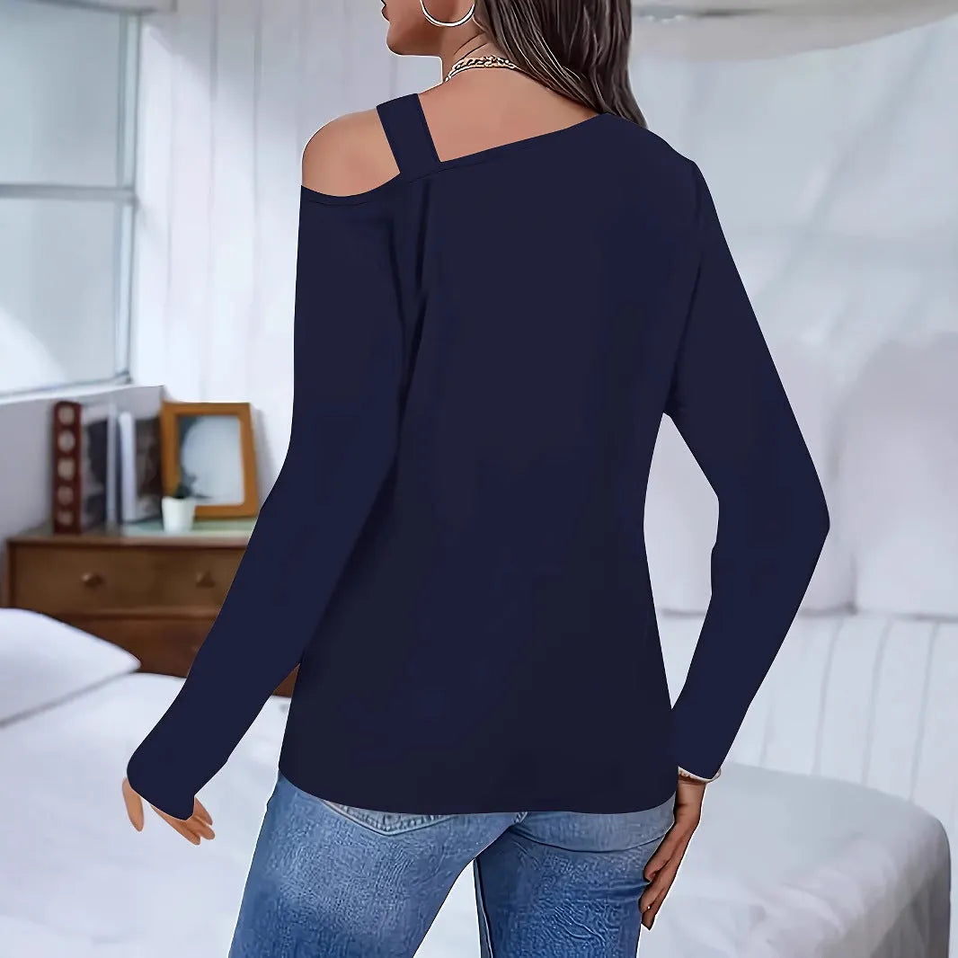 Women's hollow out shoulder long-sleeved t-shirt in slim fit polyester, shown in black, white, and dark blue