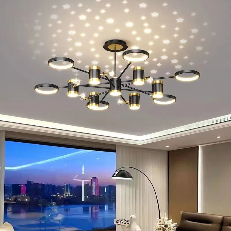 Black iron pendant lamp chandelier with 13-light Nordic star design and remote control