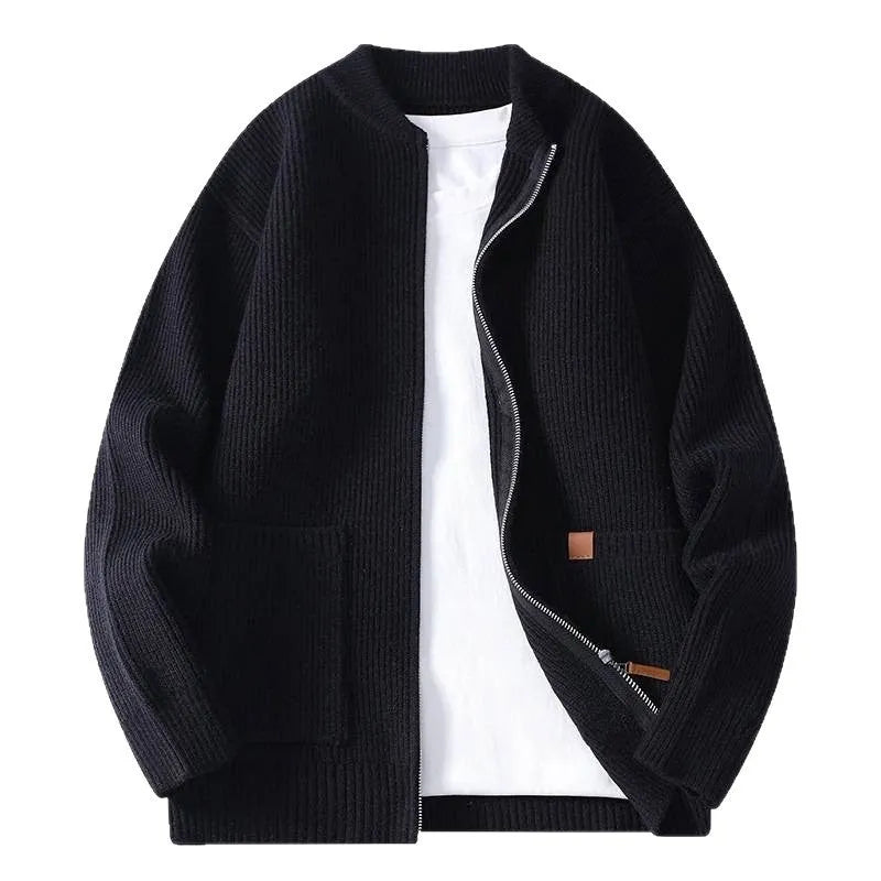 Men's straight-fit striped sweater cardigan in a choice of five colours on a size chart.
