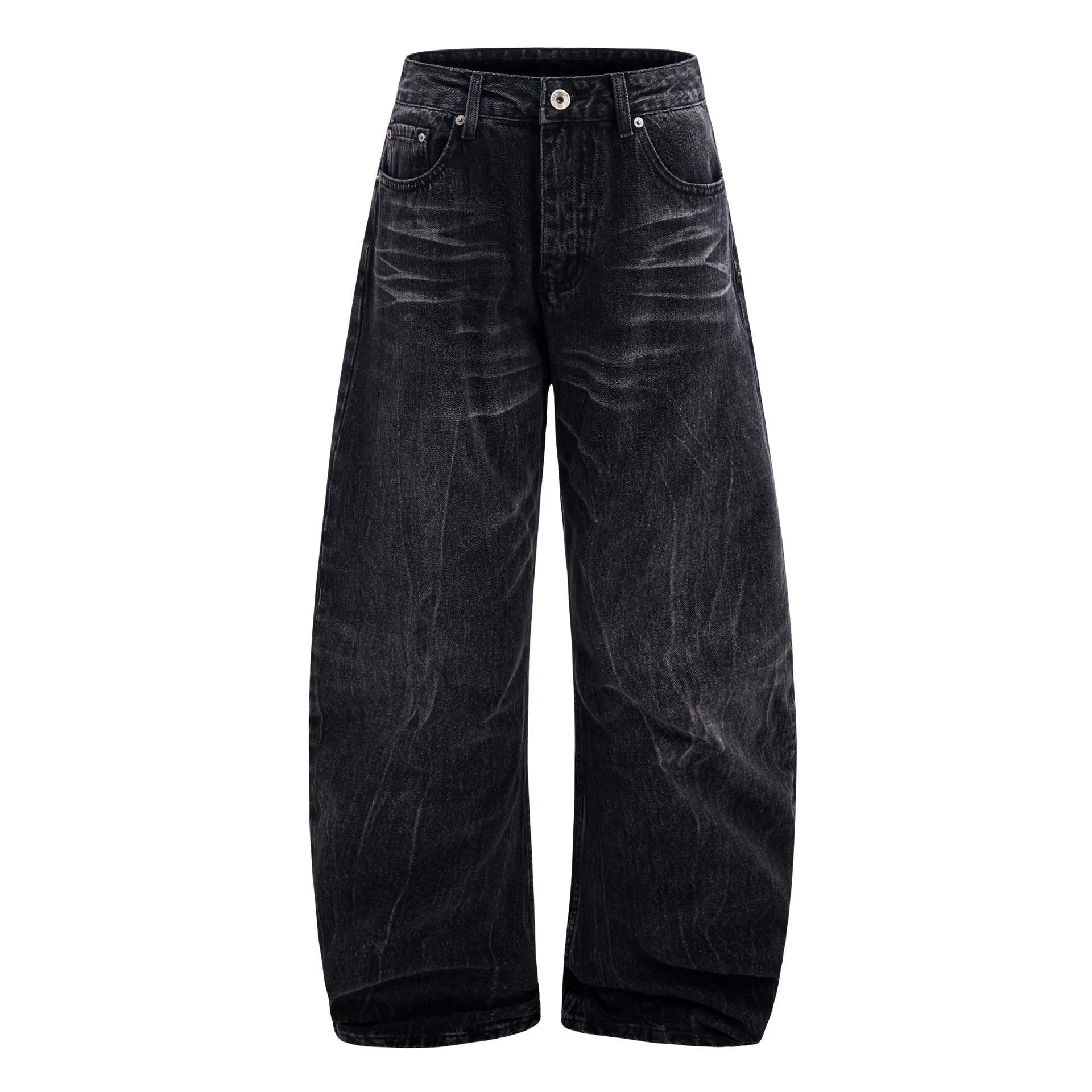 Men's black American washed straight leg jeans with old lightning crack detailing on a plain background