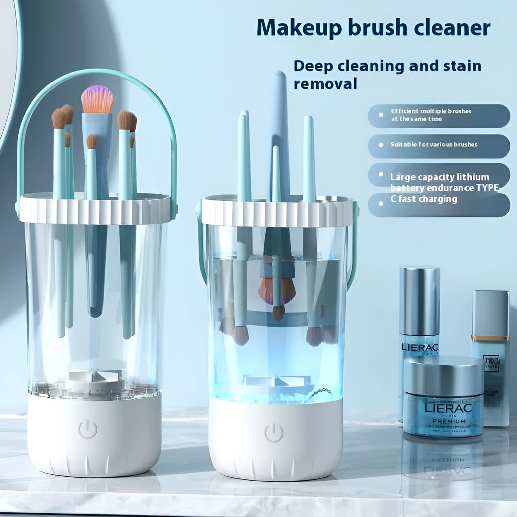 White rechargeable electric makeup brush cleaning tool with data cable.