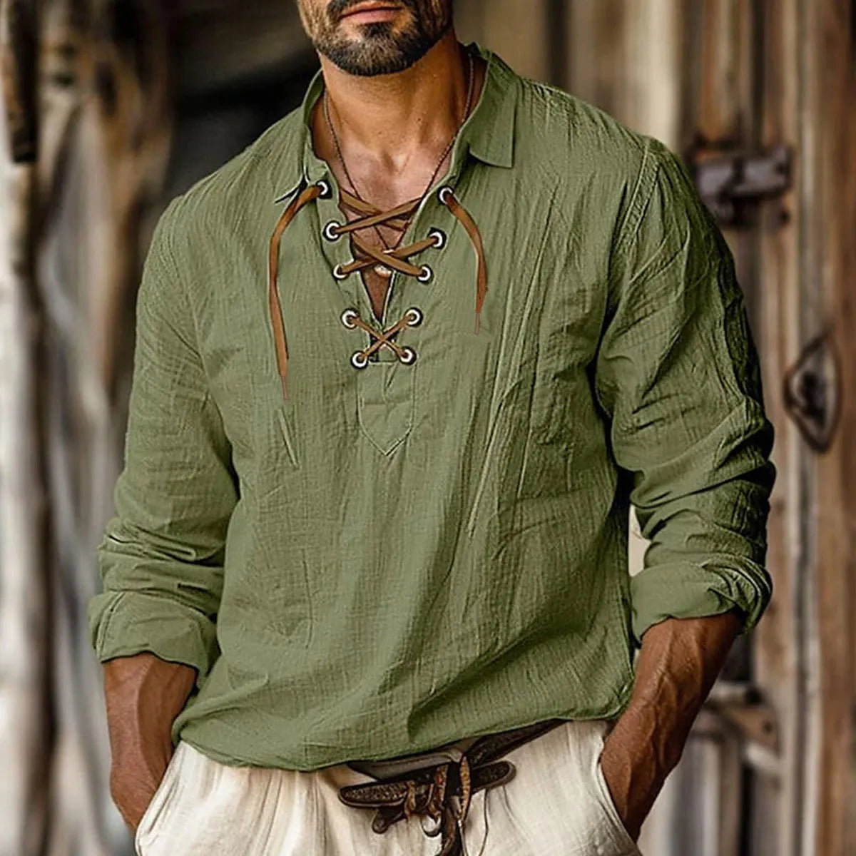 Men's solid colour linen blend shirt with lapels, lace details, and long sleeves in a loose plus-size fit.