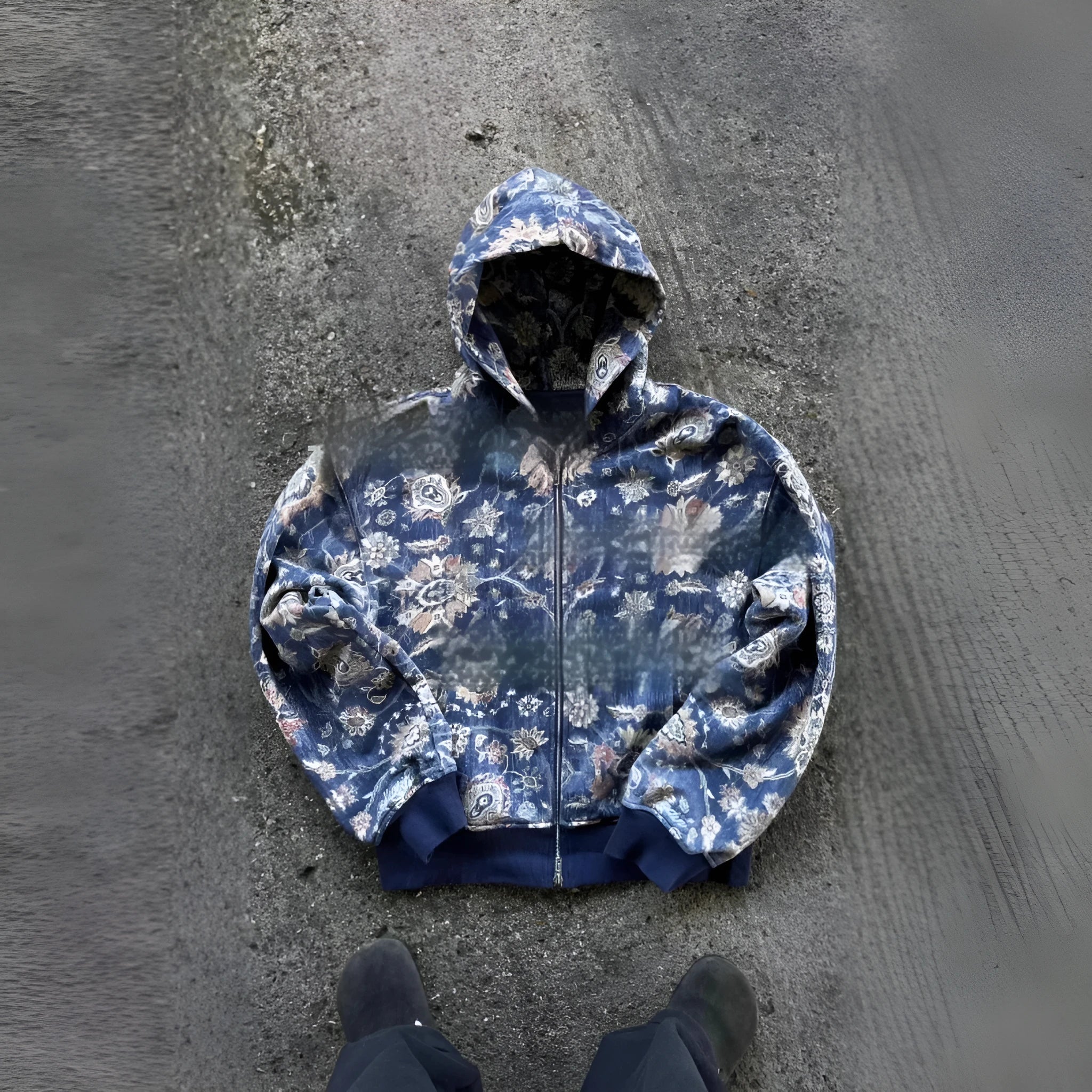 Men's loose blue hooded zip coat with long sleeves on a hanger