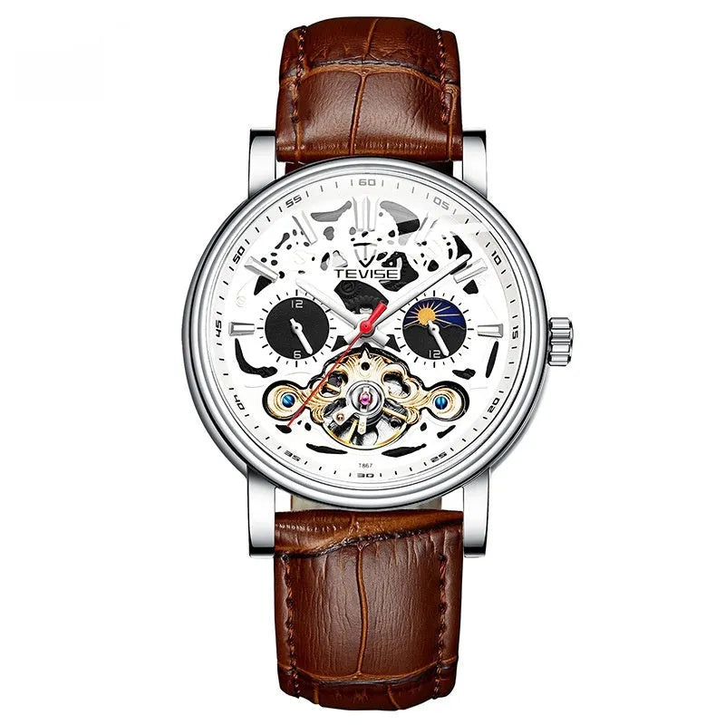 Men's tourbillon mechanical watch with luminous hands on a steel bracelet, showing a black dial.