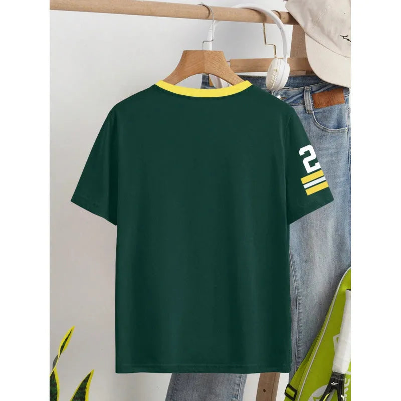 Casual cotton T-shirt with digital letter print in red or green, loose fit short sleeve design