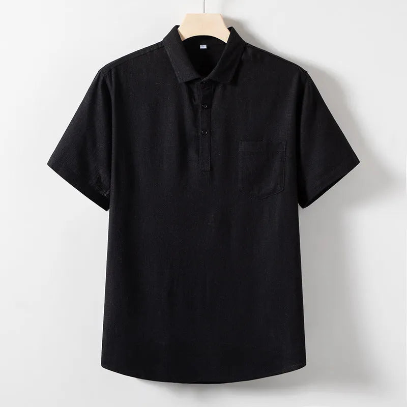 Men's hemp blend linen T-shirt in loose lapel pullover style, shown in optic linen colour
