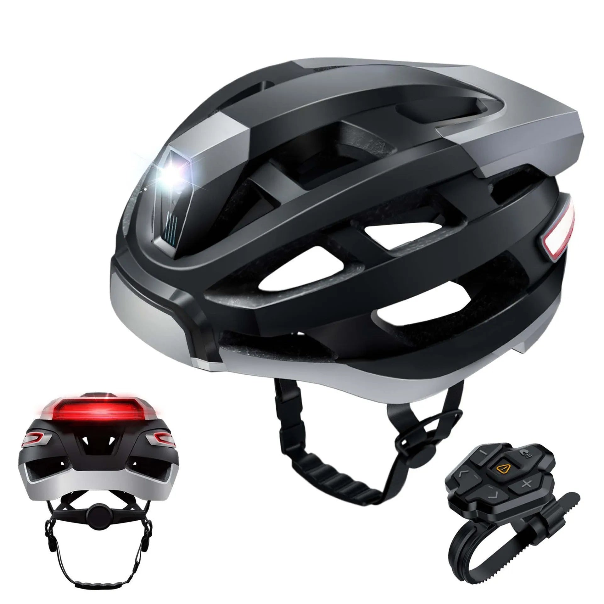 Black and grey adult cycling smart helmet with integrated red LED safety light on the rear.