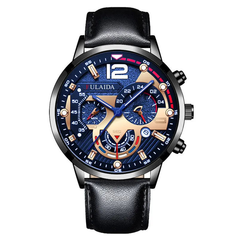Men's casual quartz watch with calendar, genuine leather strap, rose gold buckle, 37mm dial