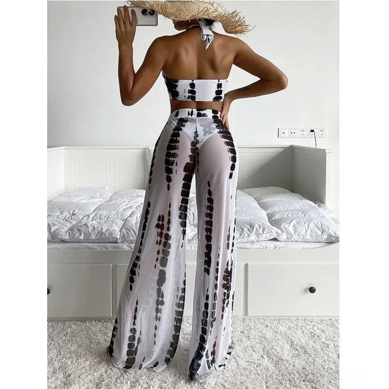 Women's three-piece mesh trousers style bikini swimsuit in black or blue printing