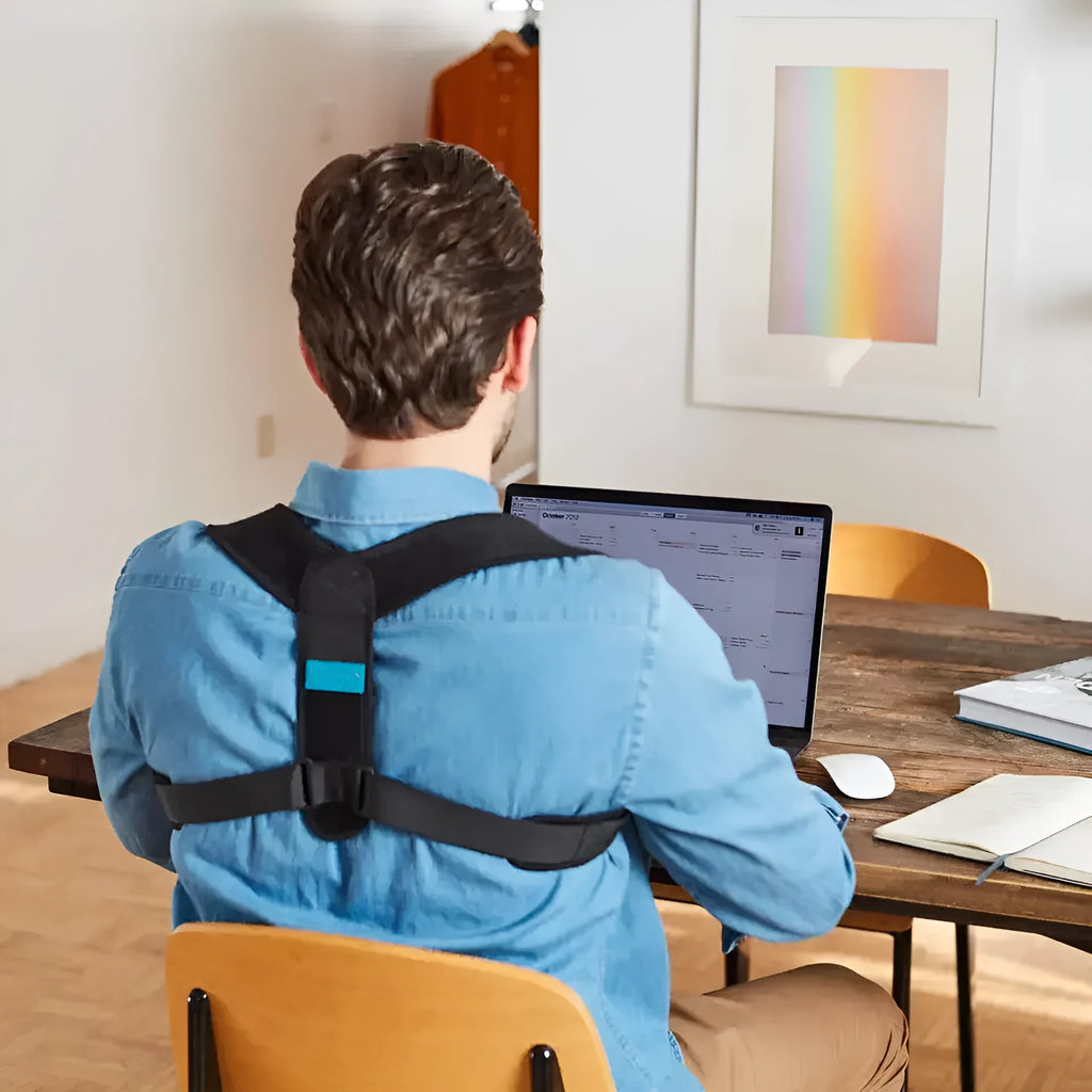 Black adjustable posture correction strap for back and shoulder support.