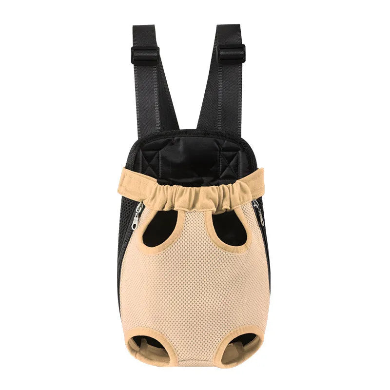 A person wearing a black dog carrier backpack containing a small dog, showing the mesh panels and adjustable straps.