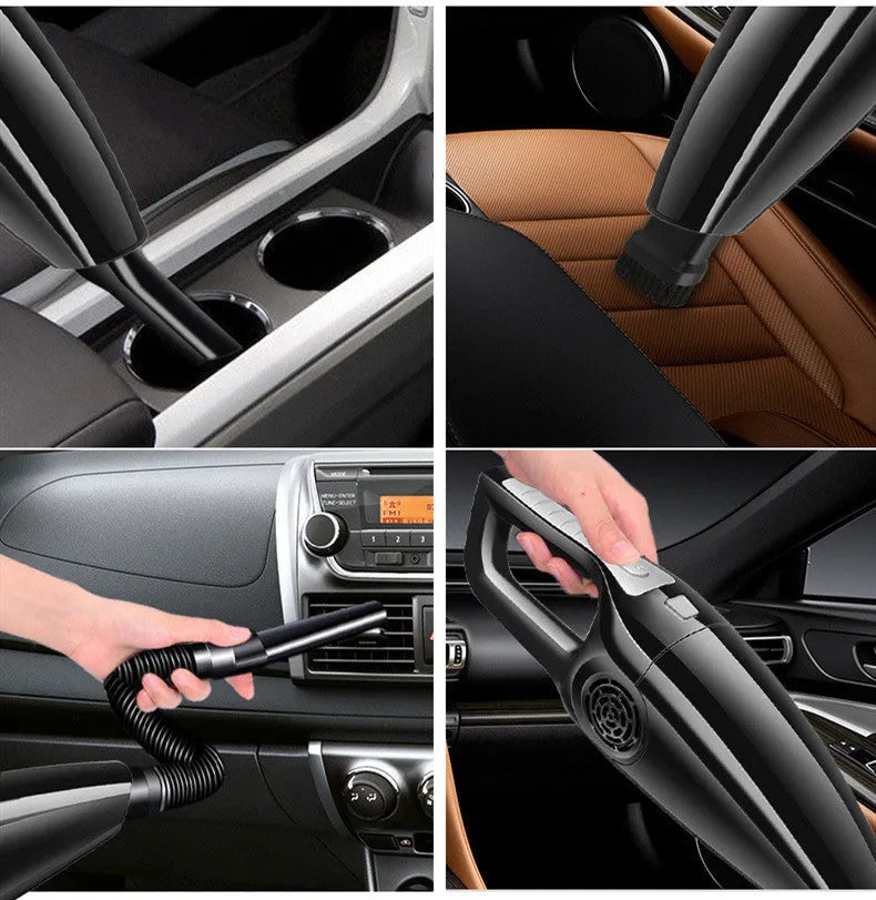 Black and orange 12V car vacuum cleaner with power cable, showing compact size.