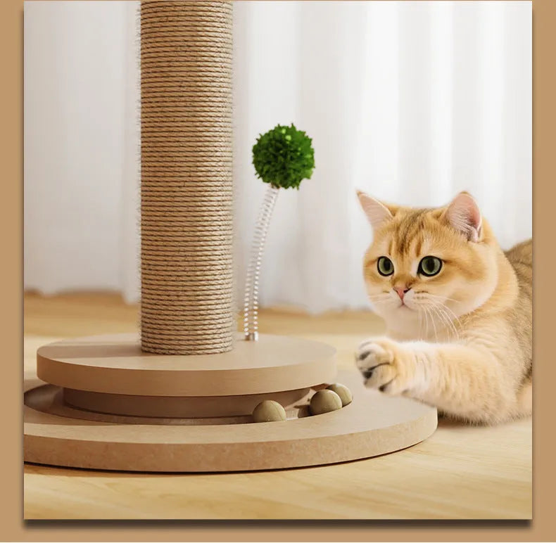 Tall vertical cat scratching post with natural hemp rope wound around a canna-coloured density board column.