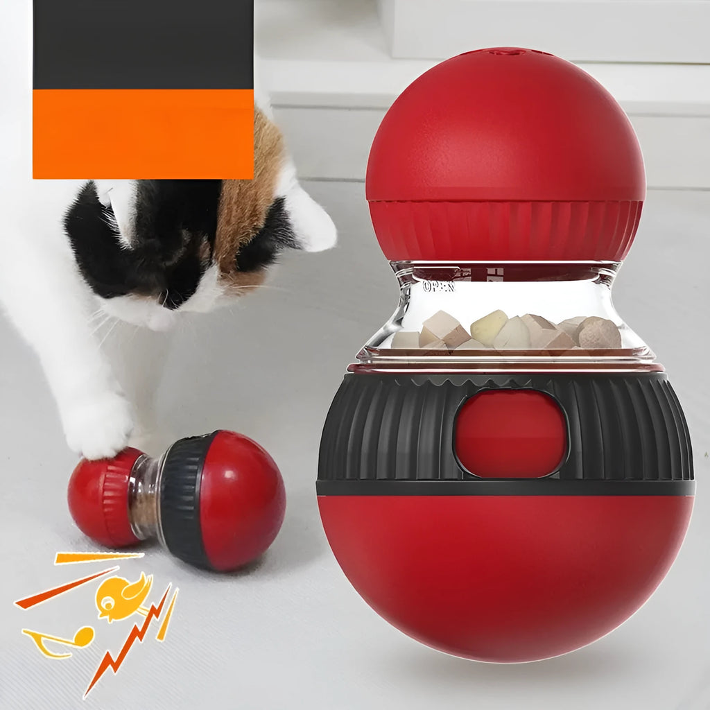 Plastic rotating cat toy with a Super Ball coloured food-dropping component on a white background.