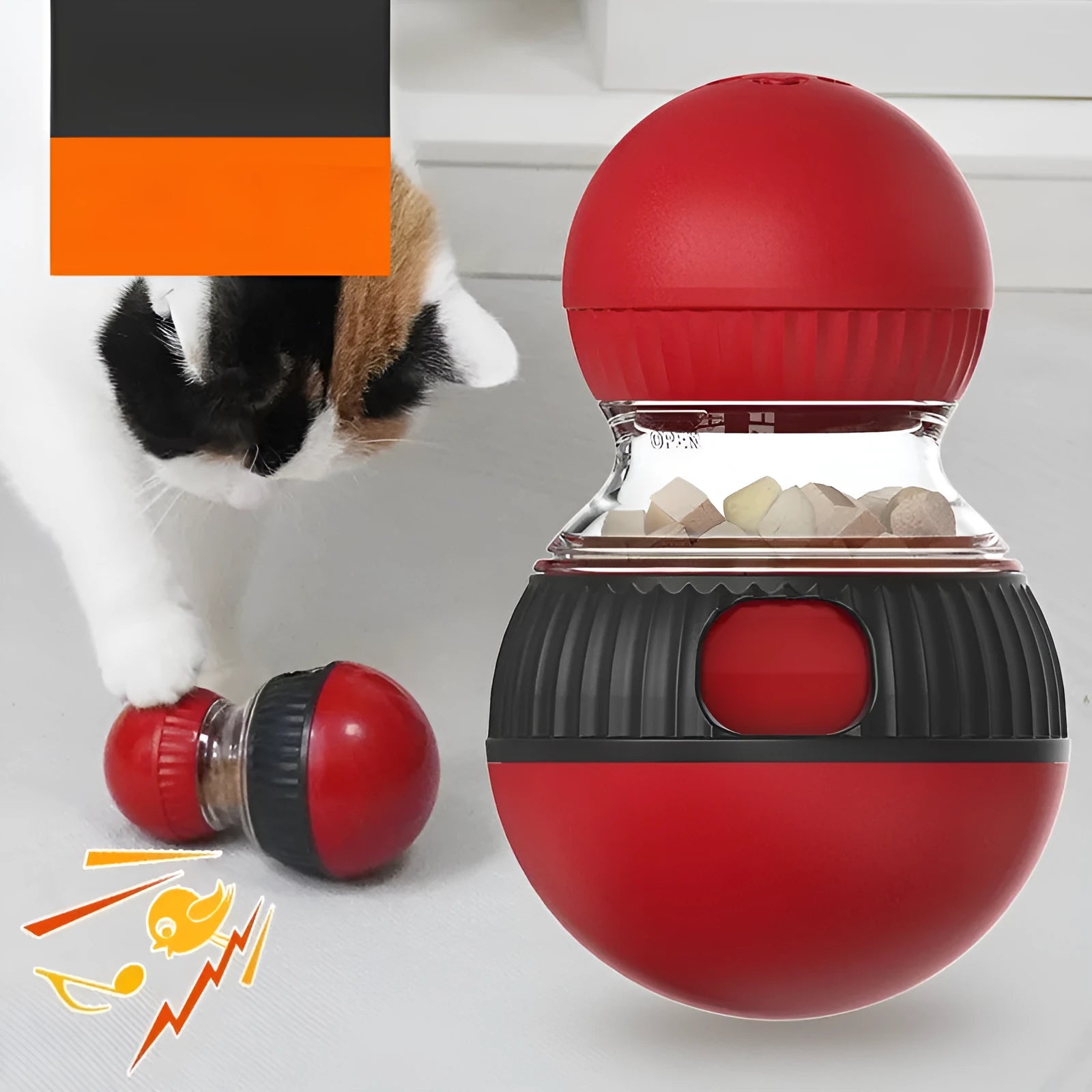 Plastic rotating cat toy with a Super Ball coloured food-dropping component on a white background.