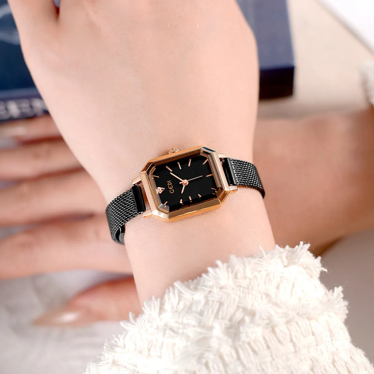 Women's square retro casual watch with rose gold shell case and leather strap in various colour combinations