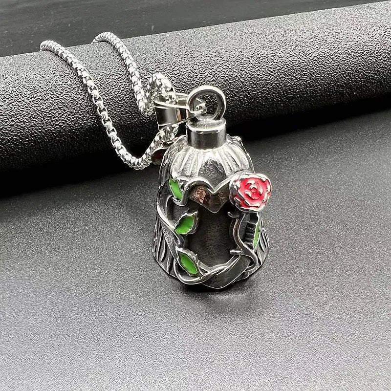 Titanium steel motorcycle lucky bell pendant with epoxy rose design and polished finish