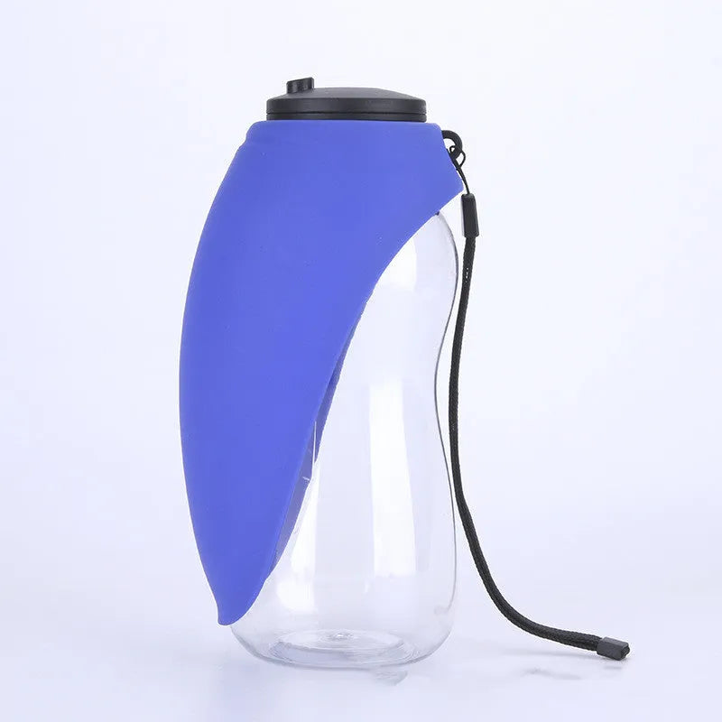 Portable pet water bottle with drinking bowl in blue, green, red, or orange colours