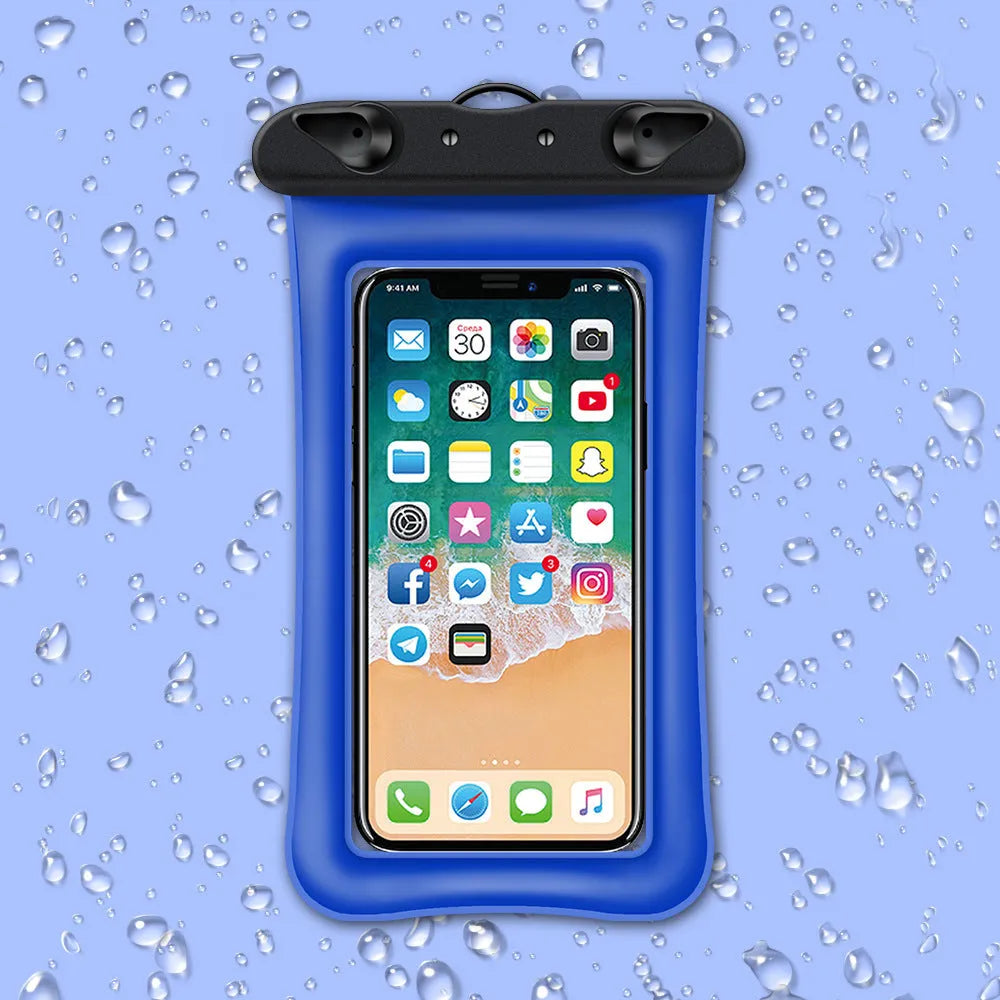 Clear double airbag waterproof phone pouch with orange lanyard on a blue background.
