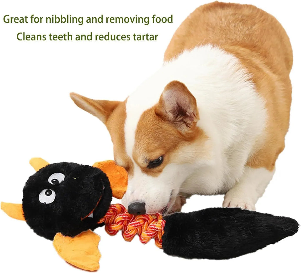 Soft rabbit fleece plush dog toy with a rope knot, in red, green, or black, shown with a dog.