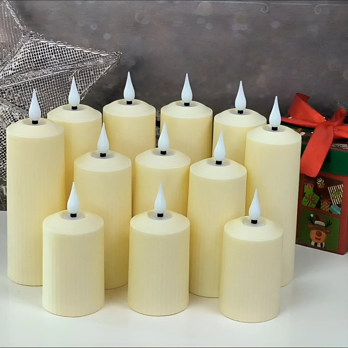 Beige ABS electronic candle lamp set with water droplet head, USB charging, remote control, and three candles, 19.2 x 17.6 x 5.3 cm
