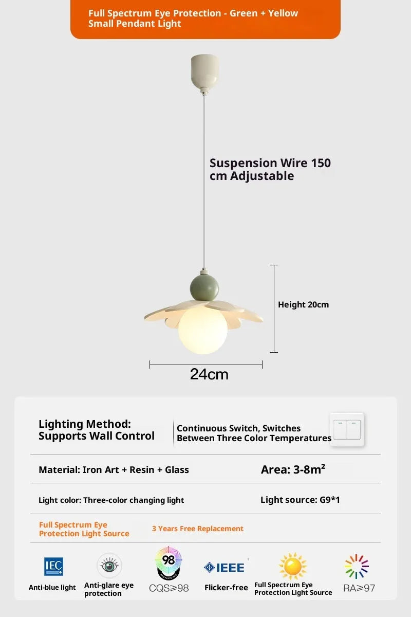 Modern minimalist cream bedside chandelier with Full Spectrum warm and tricolor light options, pink colour finish