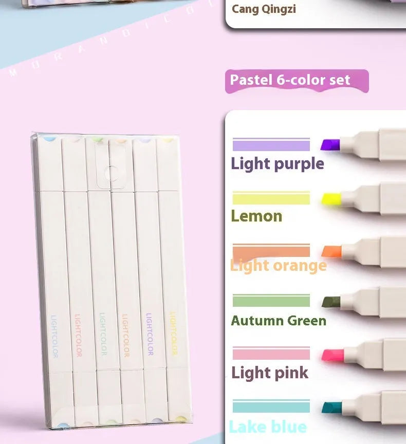 Set of double headed fluorescent highlighter pens showing two different coloured tips on each pen.