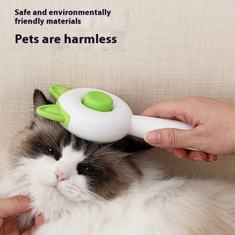 Self-cleaning cat grooming brush with stainless steel tines in greenish white colour