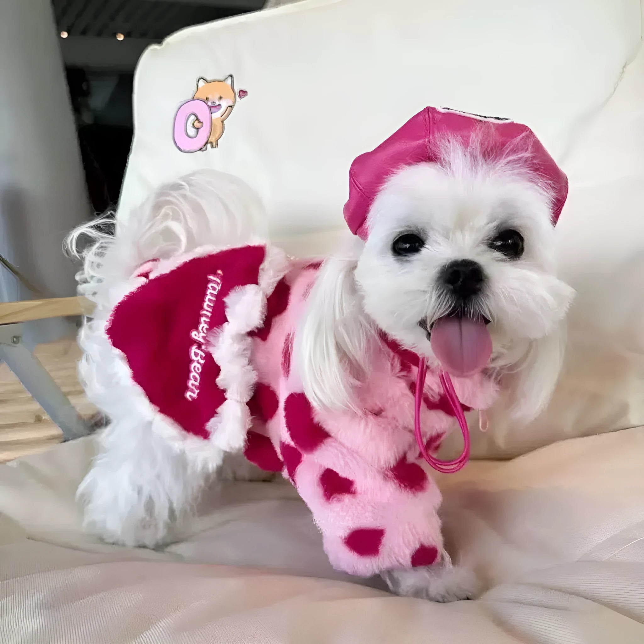 Polyester plush warm coat for small dogs in pink and brown colours with British style design