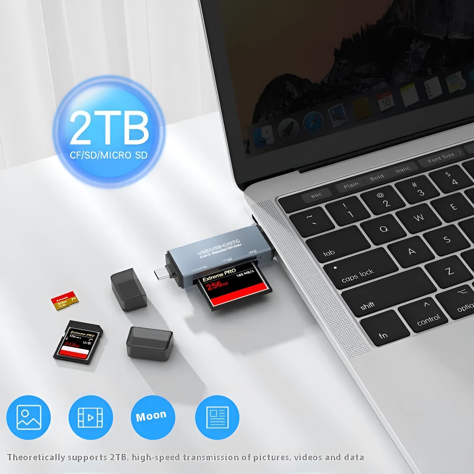 Aluminium CF SD TF three-in-one card reader with USB and TYPE-C connectors