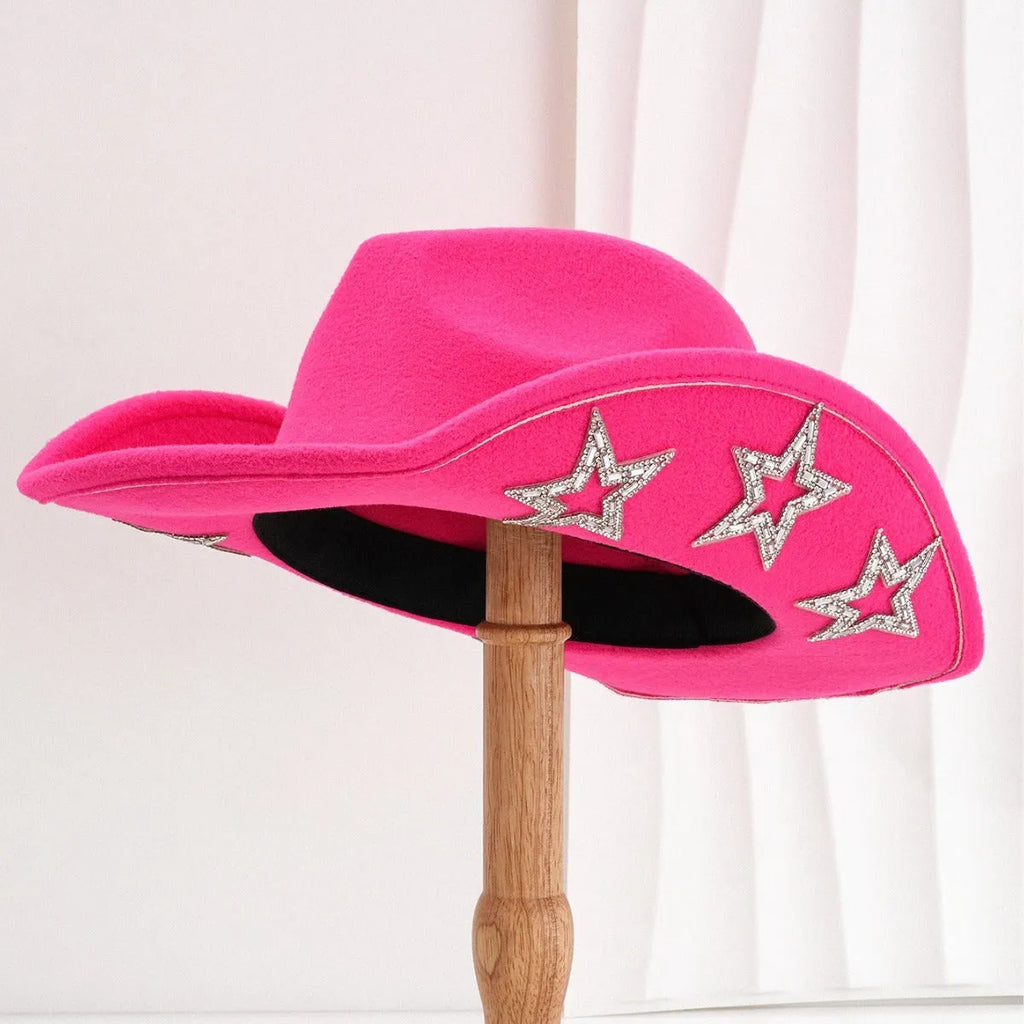 Beige woven polyester western top hat with a conical crown and a hexagonal star decoration on the front.