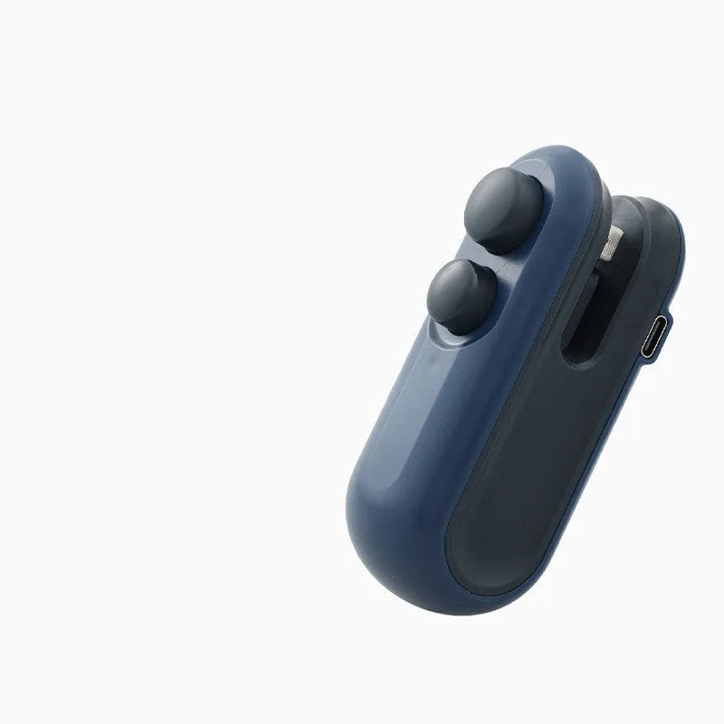 Blue and white handheld USB rechargeable heat sealer for sealing chip bags and food storage