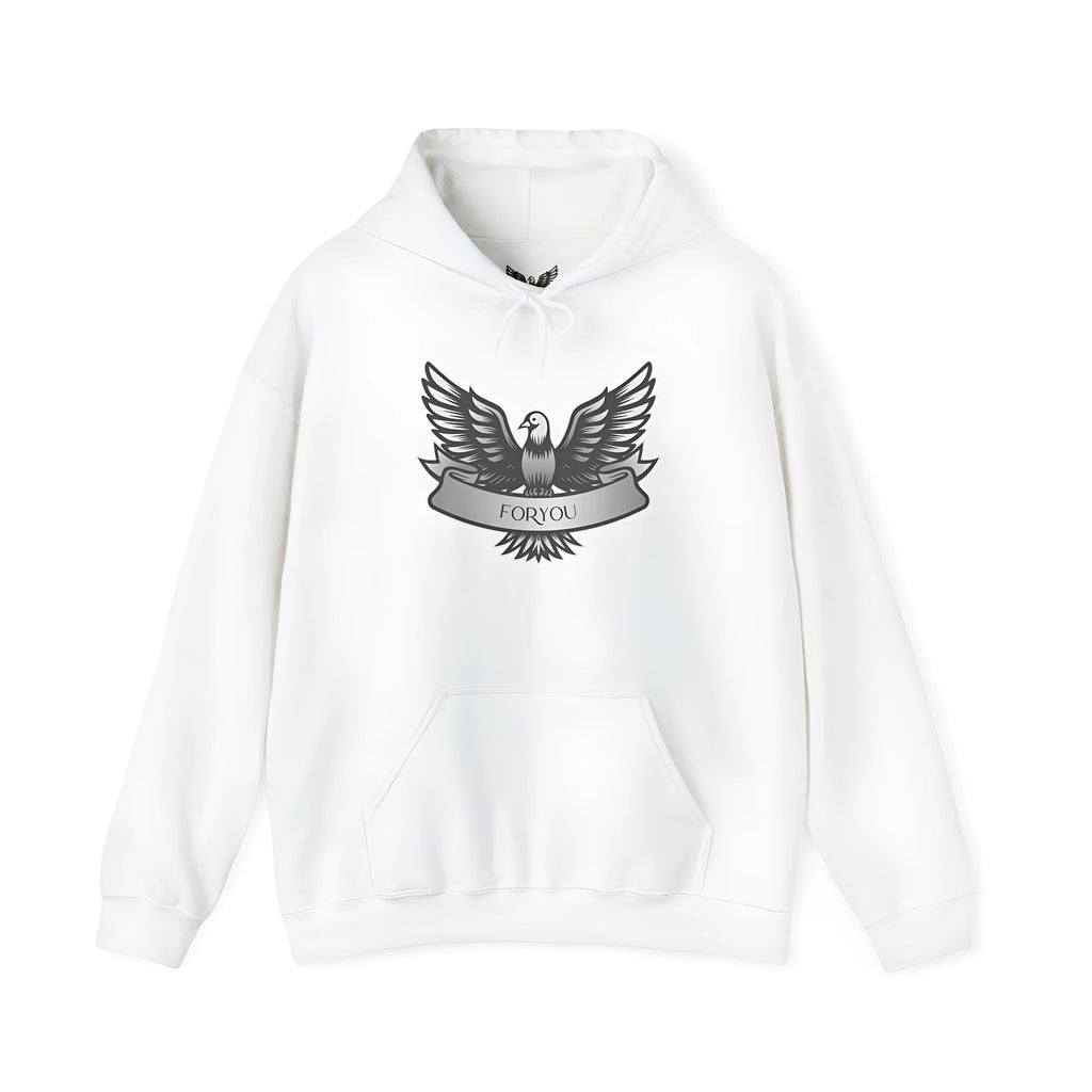 White cotton blend unisex hoodie with hood and long sleeves on hanger