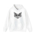 White cotton blend unisex hoodie with hood and long sleeves on hanger