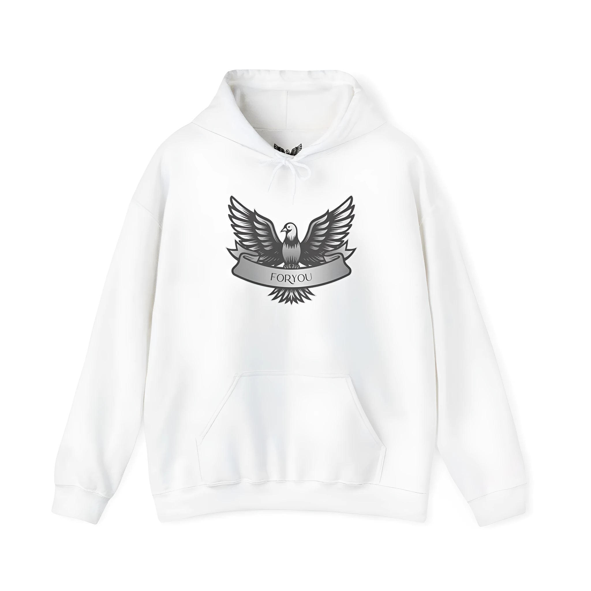 White cotton blend unisex hoodie with hood and long sleeves on hanger