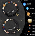 Two natural stone beaded bracelets showing different zodiac sign designs on an adjustable cord.