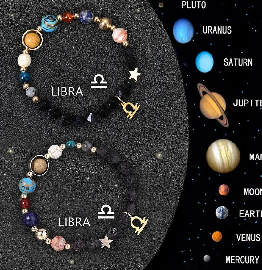 Two natural stone beaded bracelets showing different zodiac sign designs on an adjustable cord.