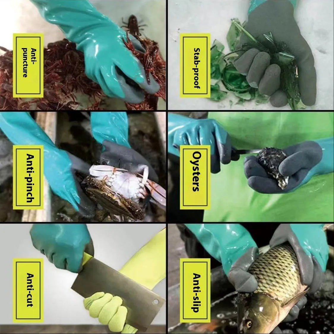 Navy blue women's nitrile gloves shown in short and lengthened sleeve versions for fishing and work.