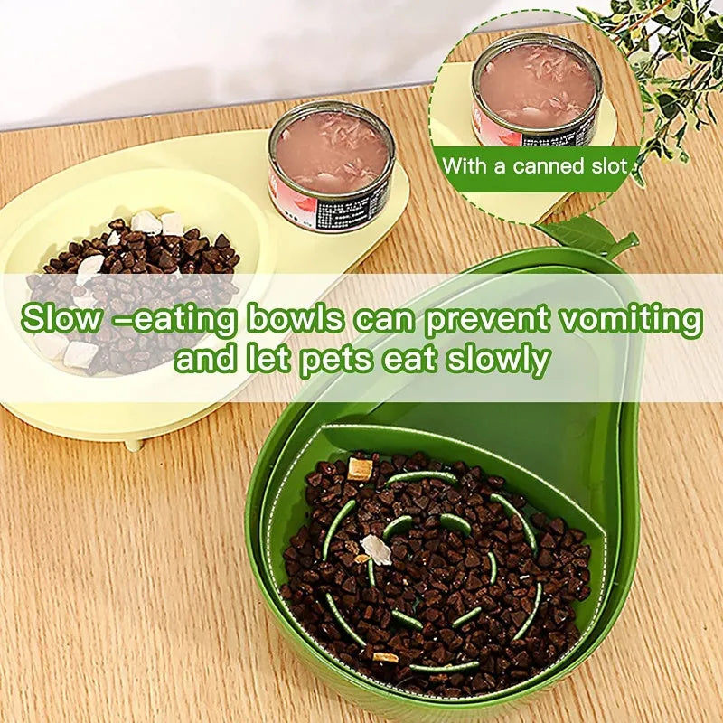 Green avocado-shaped pet feeder with automatic water bottle and separate food bowls