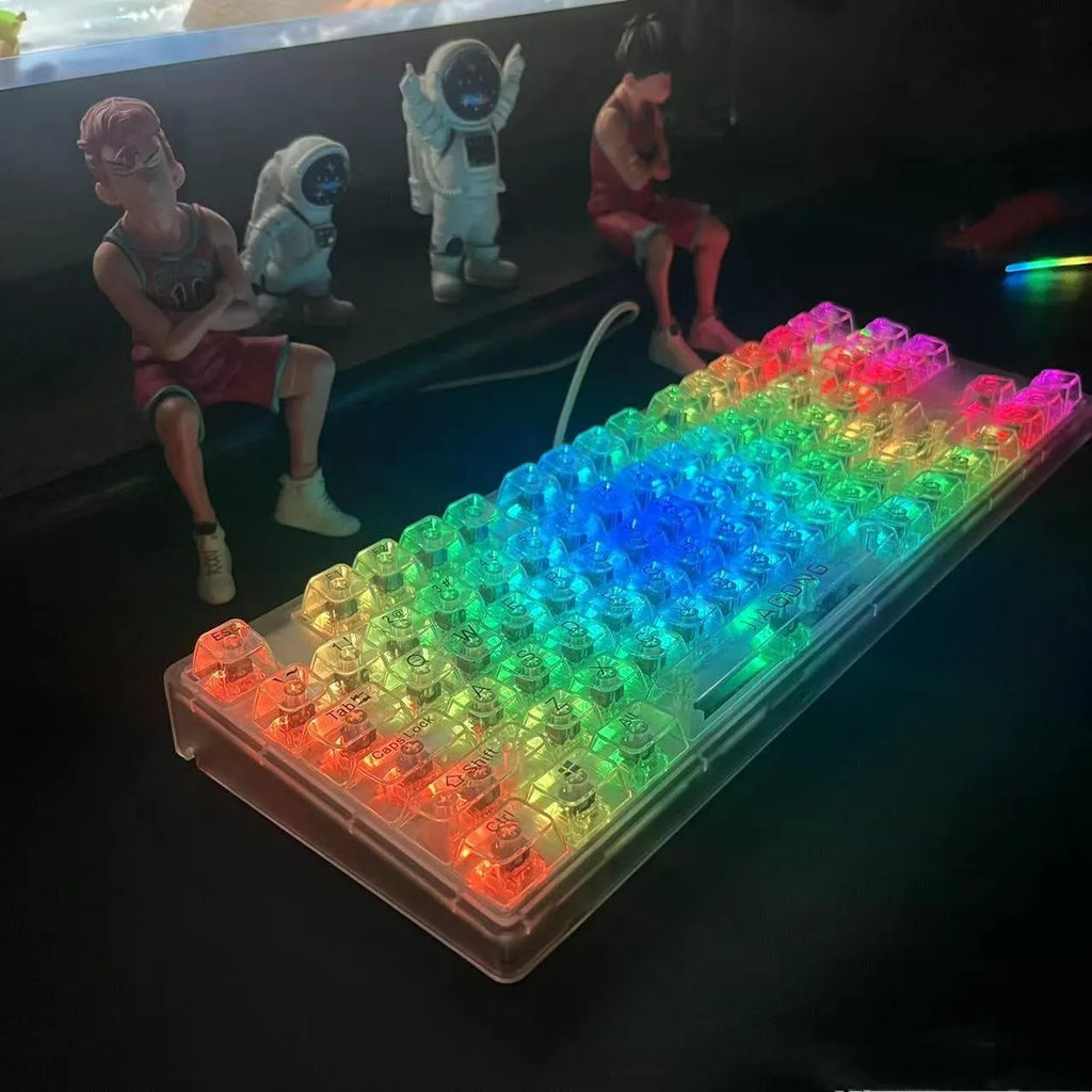 Universal transparent plastic 132-key keyboard key cap set laid out on a table.
