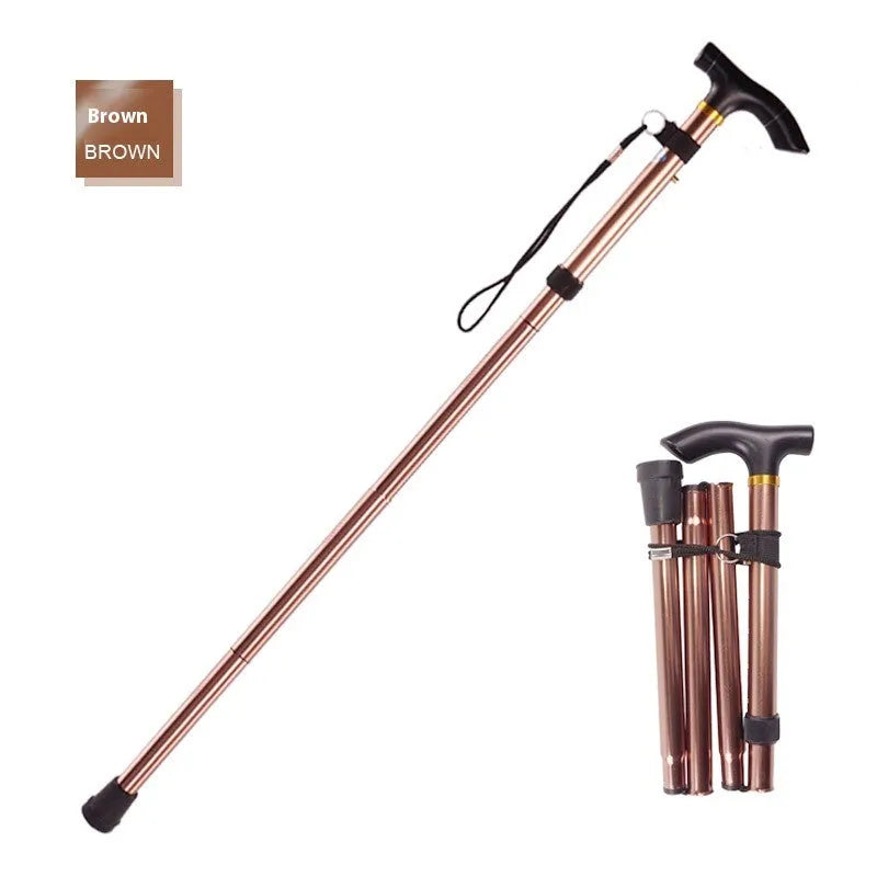 Adjustable aluminium folding walking cane extended, showing anti-slip handle and rubber tip.