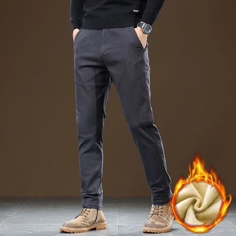 Men's fleece-lined slim fit tapered casual pants in black, cotton fabric, available in sizes 28-40