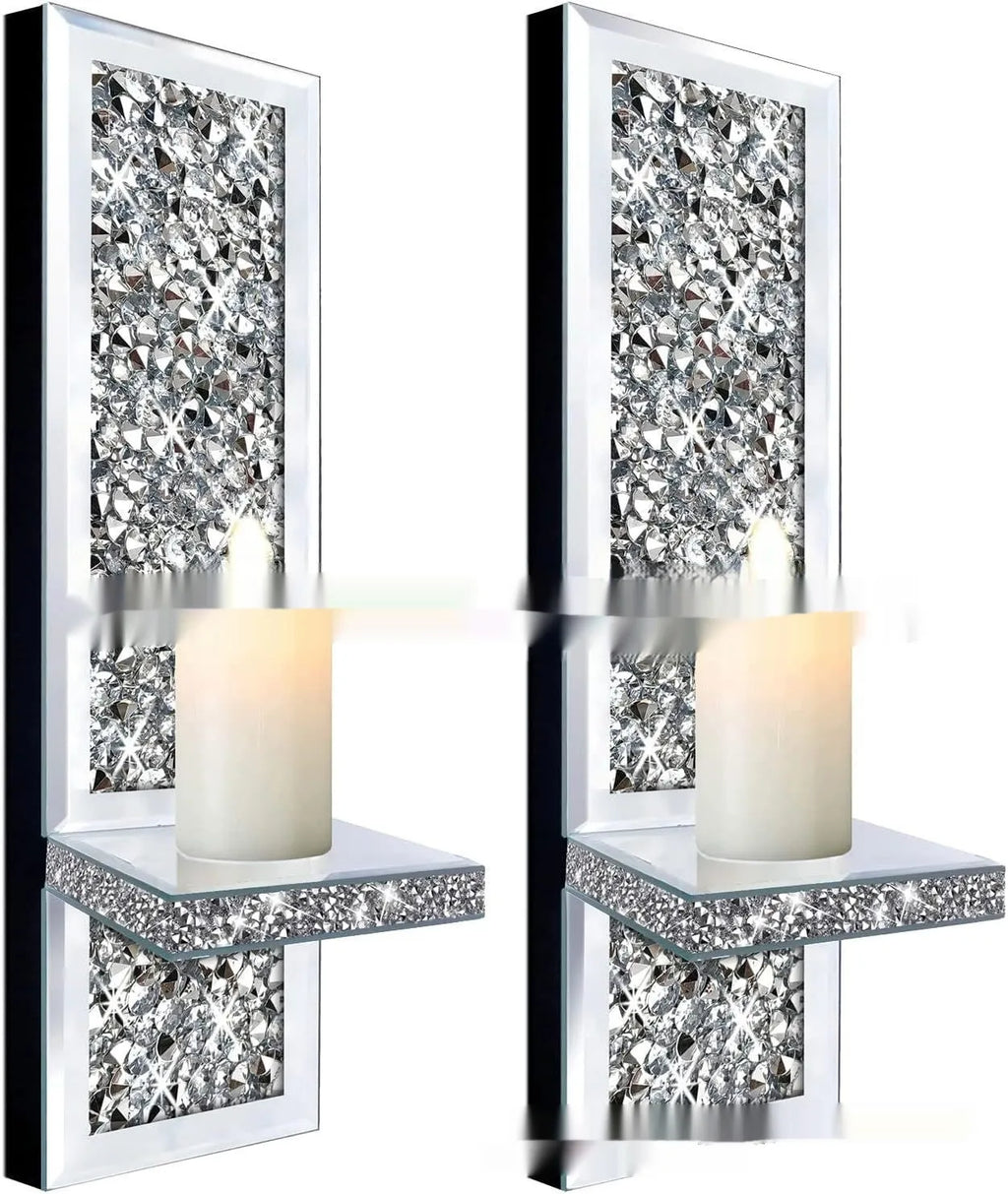 Pair of silver mirror glass candlestick holders for wall mounting, modern minimalist style