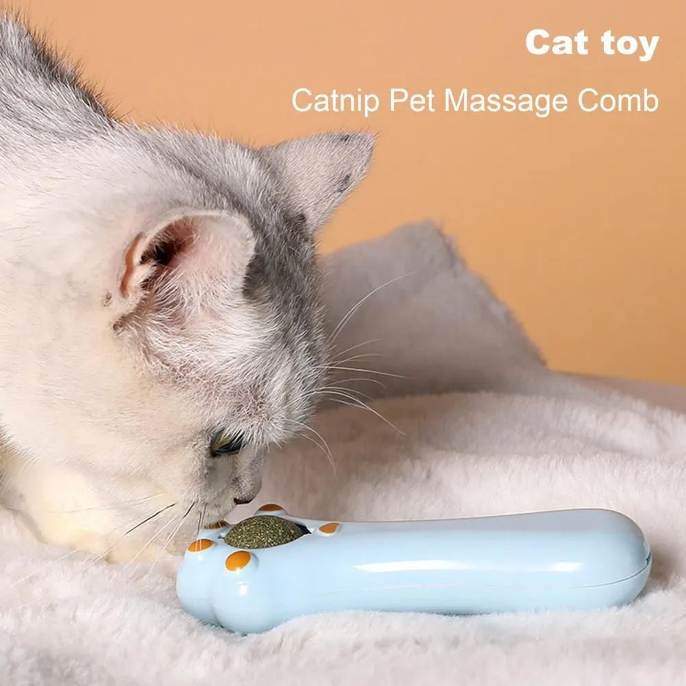 Cartoon design cat grooming comb and dental toy with catnip compartment and dust-proof cover