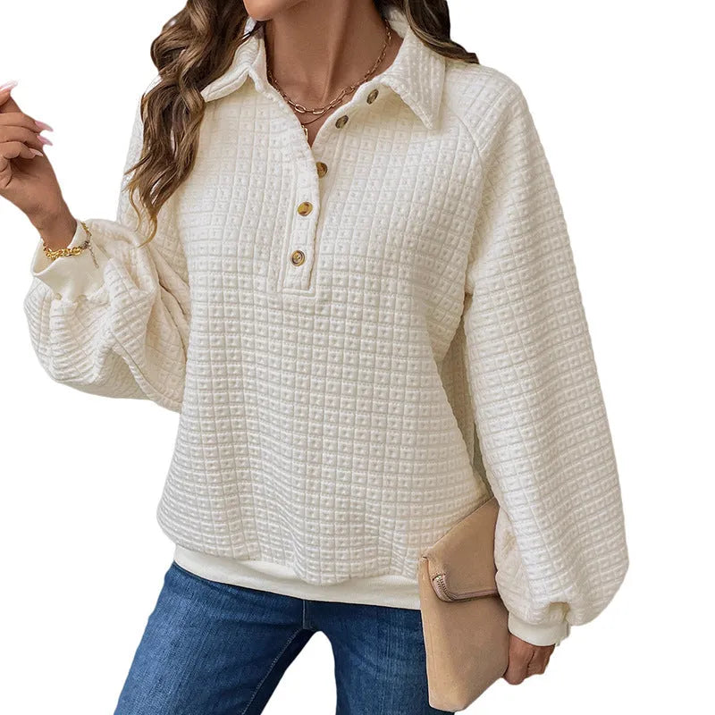 Women's milky white polo collar sweater with long sleeves and solid colour design