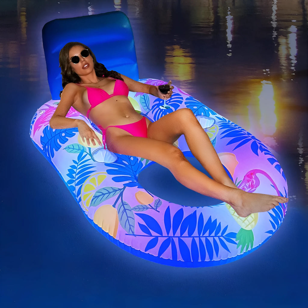 White luminous inflatable floating bed with backrest in swimming pool