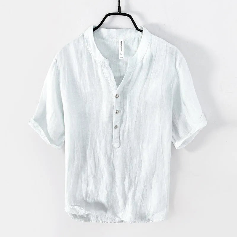 Grey striped linen short sleeve pullover top for men laid flat