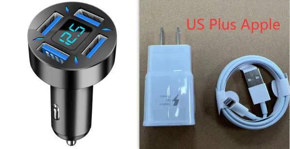 Black four-port USB car charger with LED voltage display plugged into a car socket.