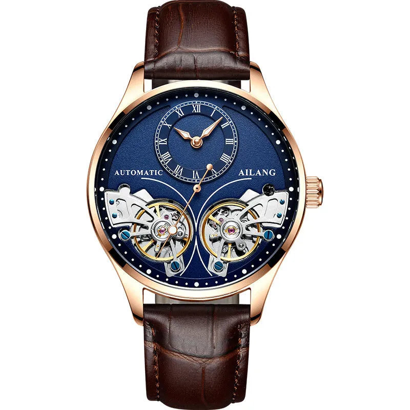 Men's automatic watch with tourbillon, moon phase, black steel case, and transparent back showing Seiko movement.